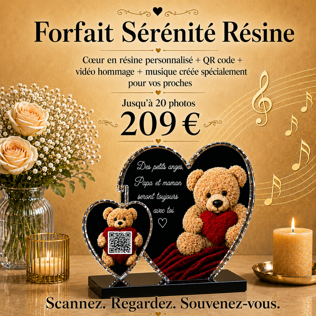 🕊️🎼 Forfait Sérénité Résine pour un proche — Plaque souvenir avec musique écrite spécialement pour votre proche 🎼🕊️